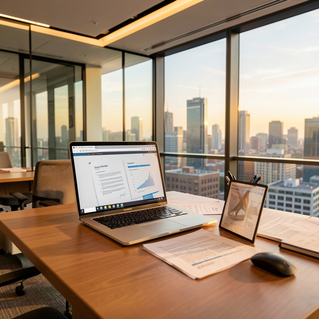 Birou modern corporativ cu laptop Dell Latitude și documente de business pe ecran, lumini de birou calde, geamuri panoramice cu vedere la oraș