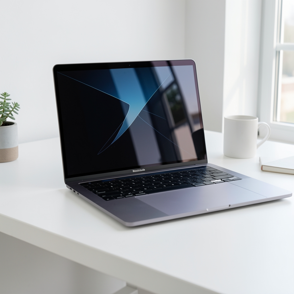 MacBook Pro cu chip M3 Pro deschis pe birou minimalist alb cu reflexii metalice