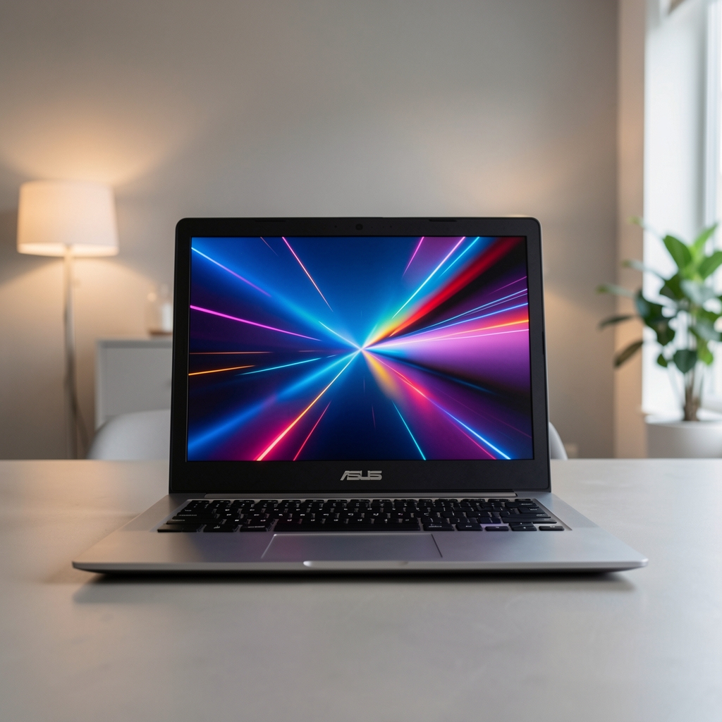 Laptop ASUS ZenBook cu display OLED deschis pe fundal gri inchis cu iluminare ambientala