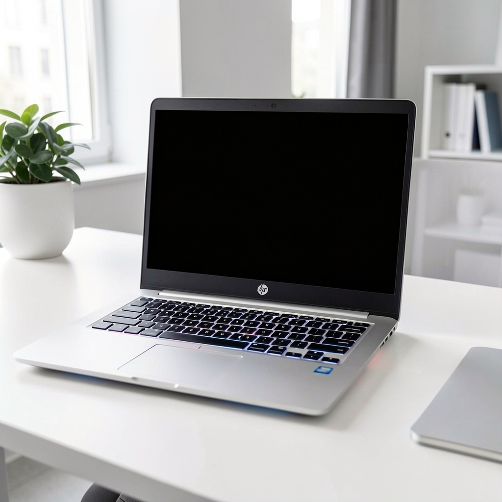Laptop HP EliteBook argintiu cu tastatura retroiluminata pe birou alb modern