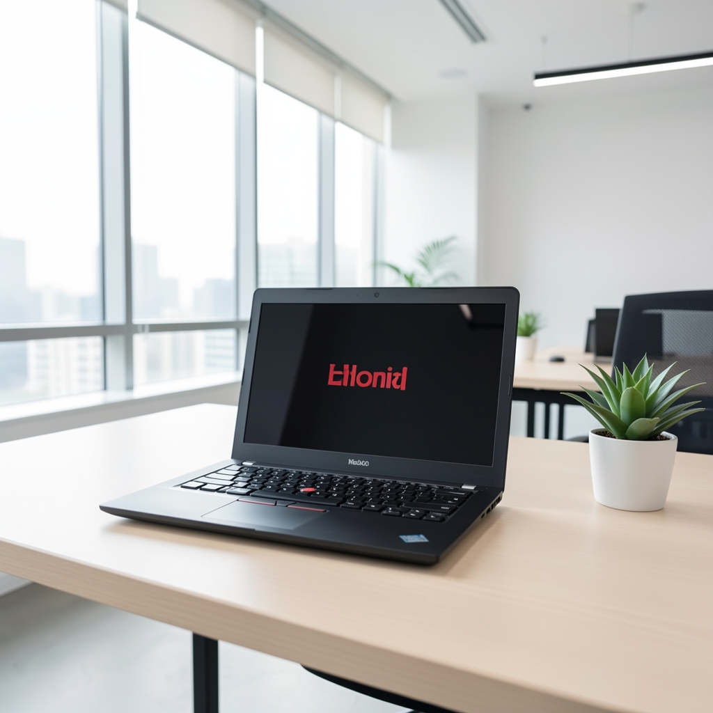 Laptop Lenovo ThinkPad negru cu logo rosu pe birou de birou corporatist