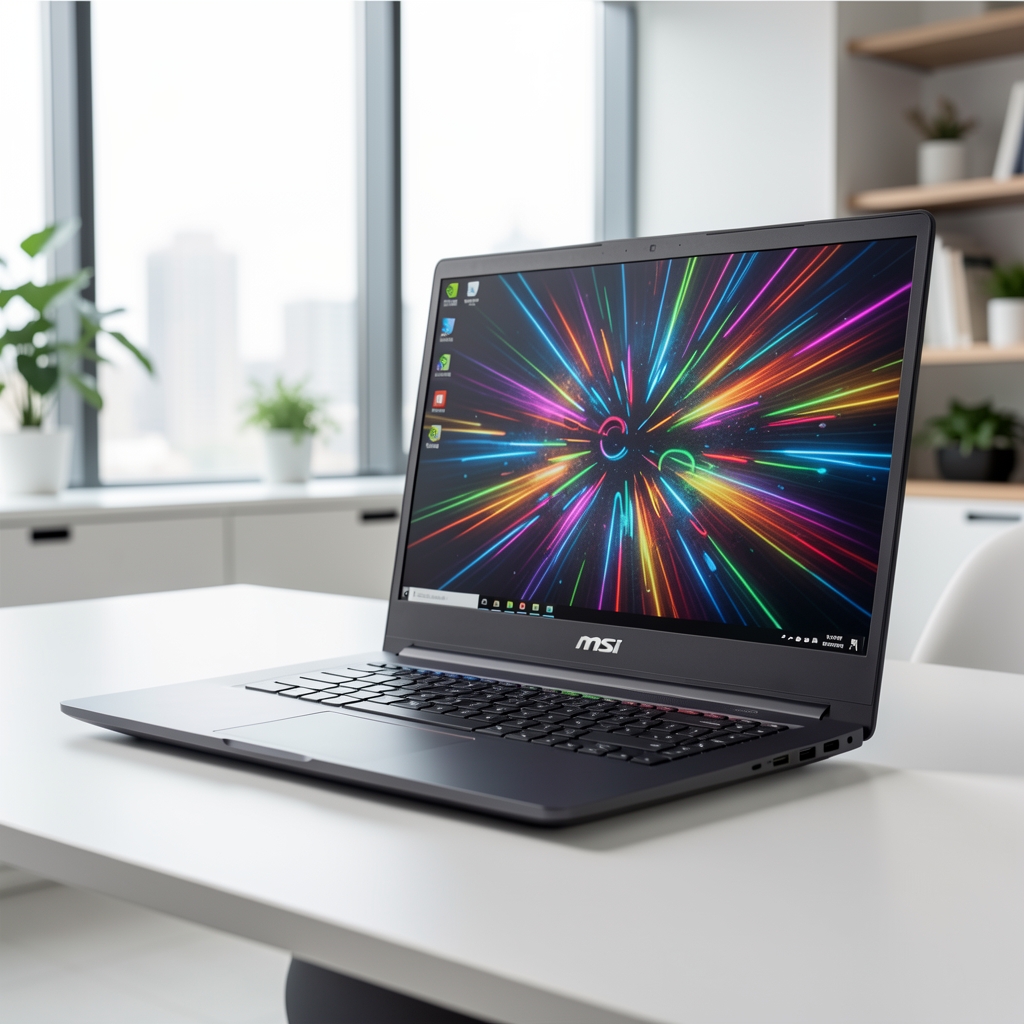 Laptop MSI Creator cu display 4K OLED si placa video NVIDIA RTX fotografiat din unghi lateral