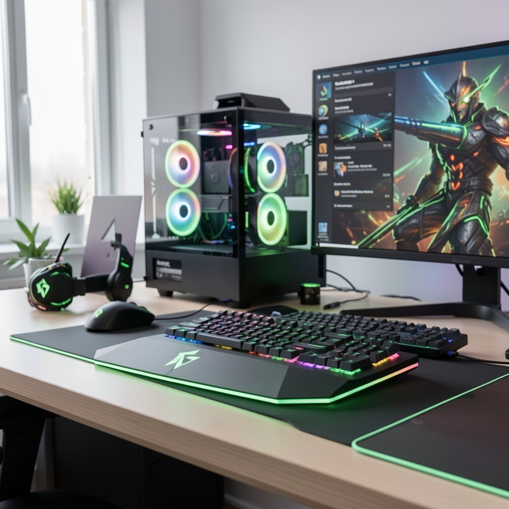 Laptop Razer Blade 16 negru mat cu logo verde iluminat pe birou gaming cu accesorii