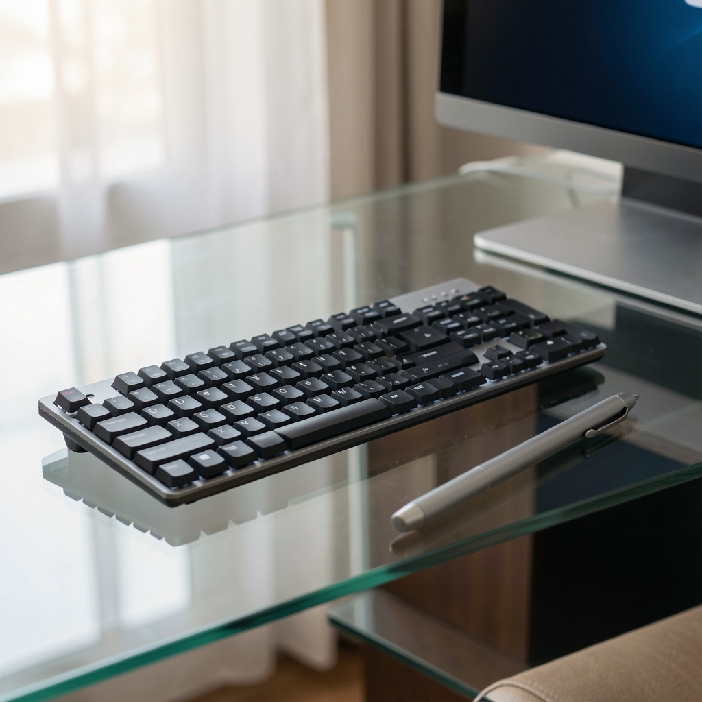 Microsoft Surface Pro 9 cu keyboard detasabila si stylus Slim Pen pe birou de sticla