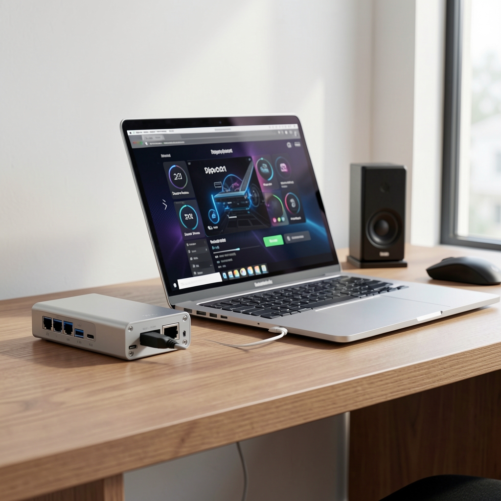 Docking station Thunderbolt 4 cu 12 porturi inclusiv HDMI 2.1, DisplayPort 2.0, USB-A, USB-C, Ethernet 2.5G, jack audio, pe birou modern de birou cu laptop conectat