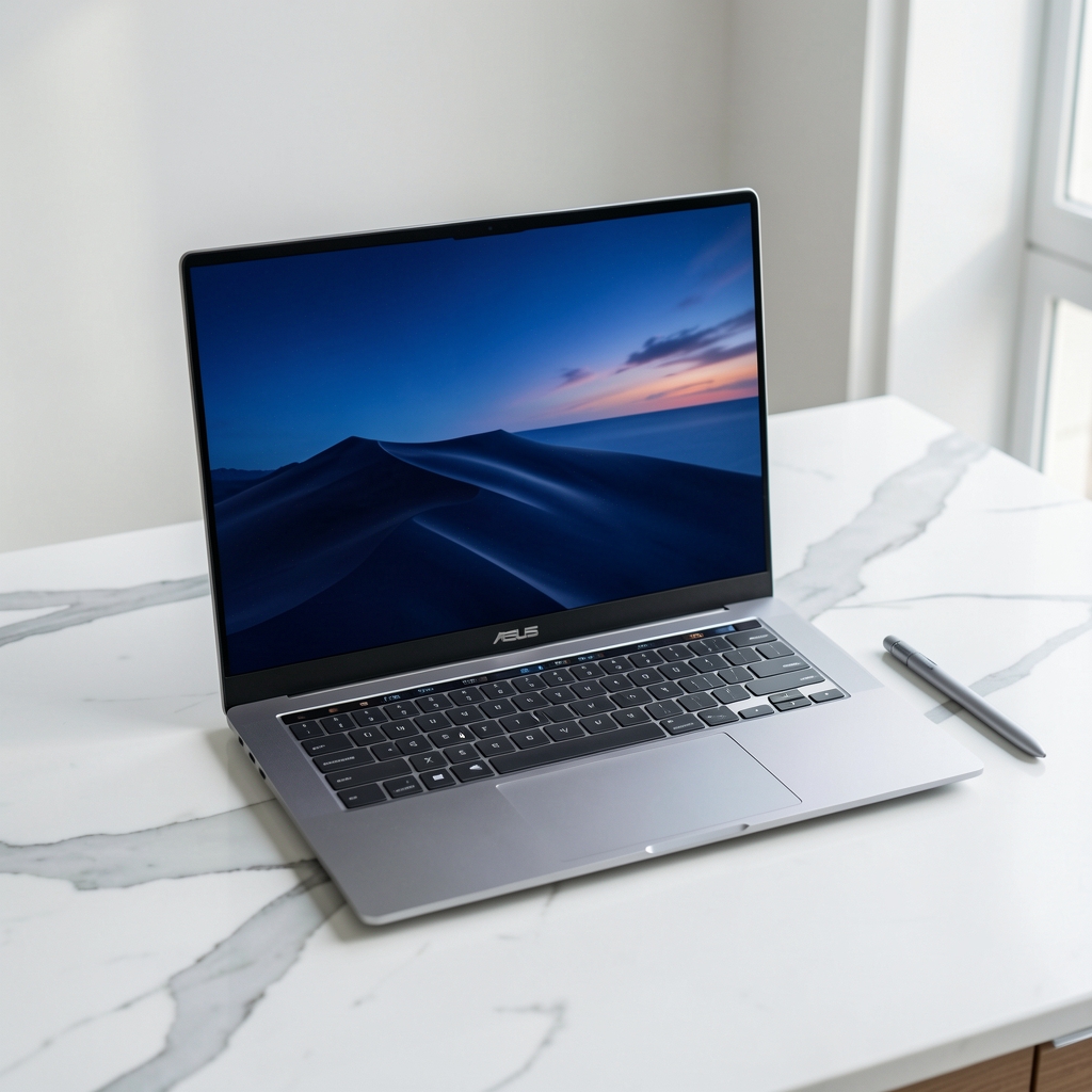 Asus ZenBook Pro 14 OLED ultrabook subțire argintiu cu ecran OLED ProArt 14.5 inch 2.8K, stylus ASUS Pen 2.0 inclus, pe suprafață de marmură albă