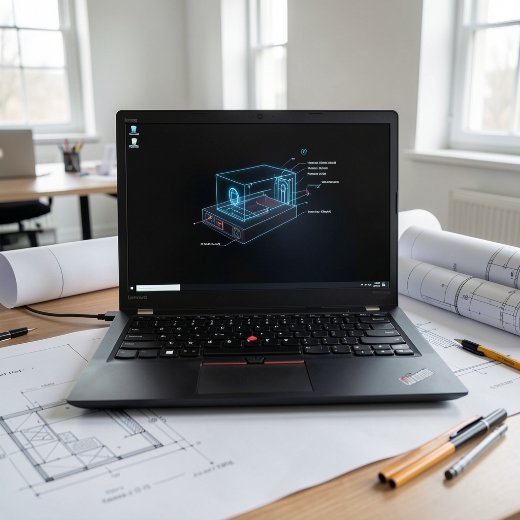 Lenovo ThinkPad P16 Gen 2 workstation mobil negru mat cu ecran IPS 16 inch 4K, GPU NVIDIA RTX A1000, memorie ECC, pe birou de arhitectură cu planuri tehnice